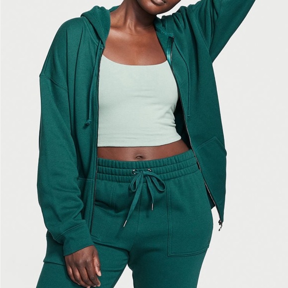 2Pc Warm M VICTORIA'S SECRET Cotton Fleece High Rise Jogger+Hoodie Deepest Green - Picture 7 of 9